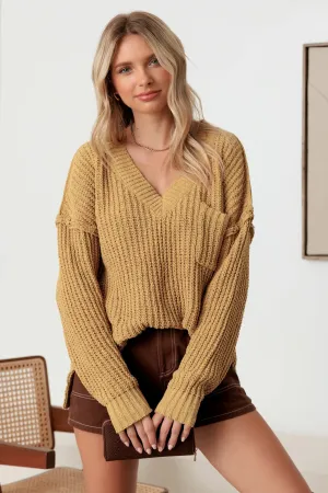 Single Front Pocket Long Sleeve V-Neck Sweater