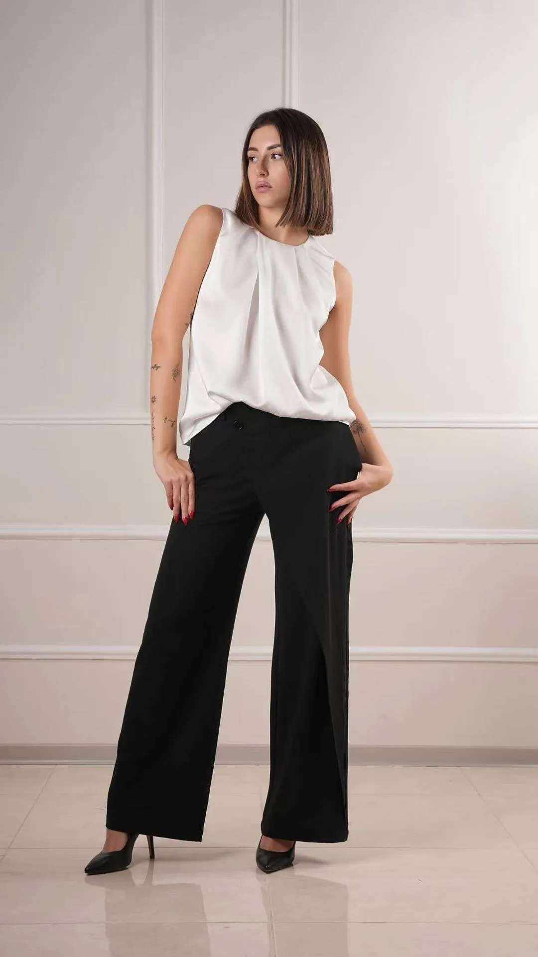 Sleeveless satin draped blouse wholesale