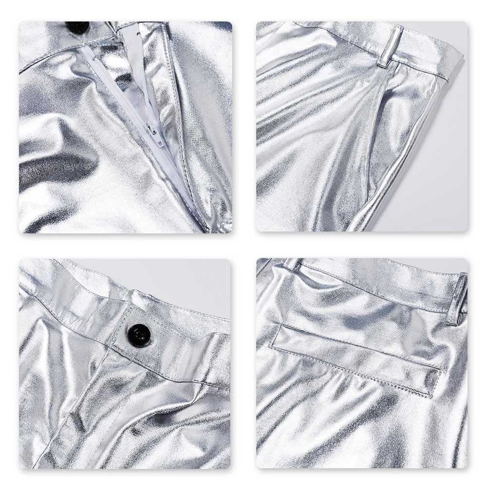 Slim Fit Hot Stamping Shiny Silver Pants