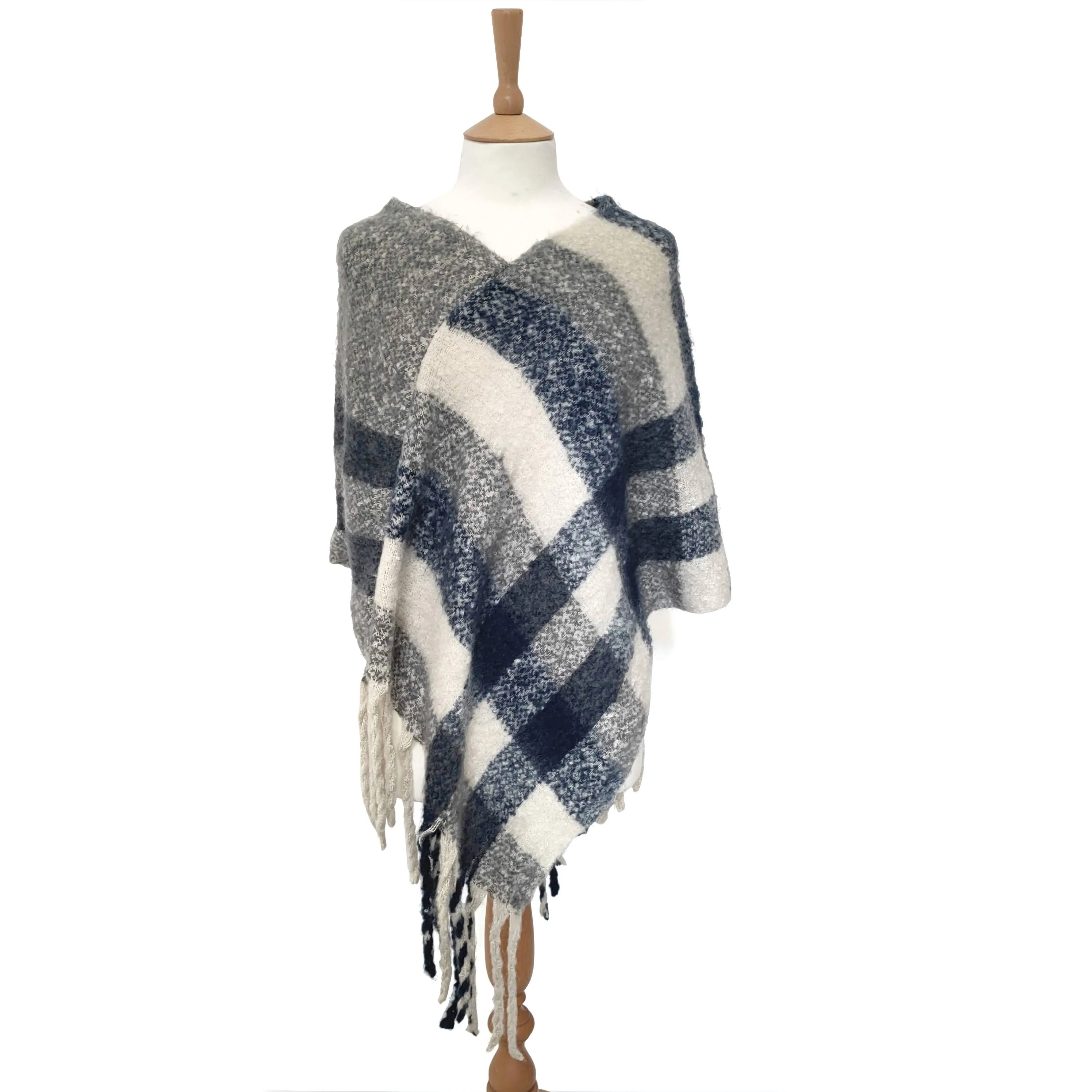 Thick Cosy Feel Check Poncho - Blue & White