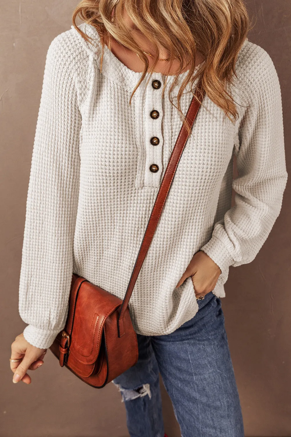 Waffle Knit Front Loose Blouse