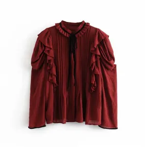 Women Bow Collar Solid Blouse Puff Long