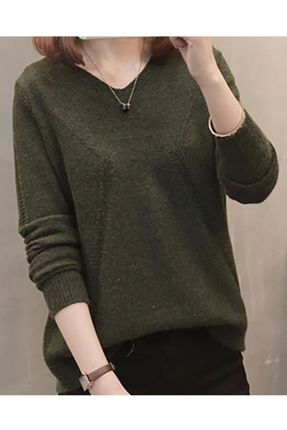 Women Pretty Long Sleeve Breathable V-Neck Solid Color Warm Sweater - WSTC24330