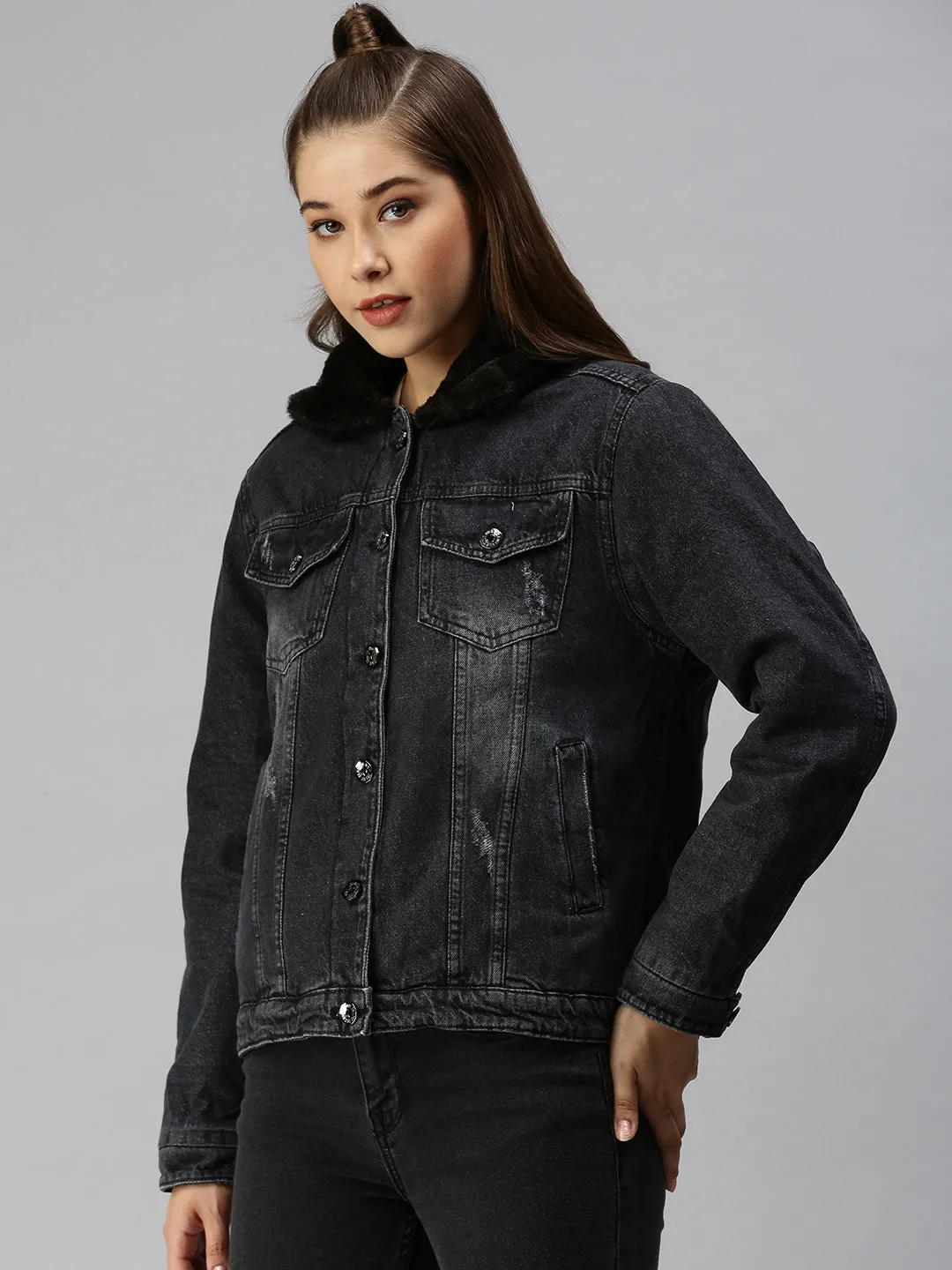 Women's Black Solid Denim Jacket Jackets