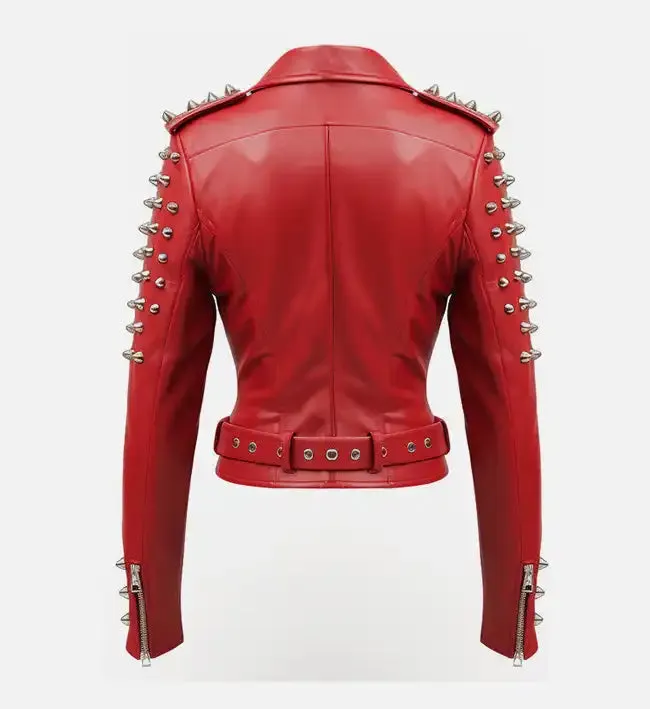 Women's Red Studs Biker Leather Jacket