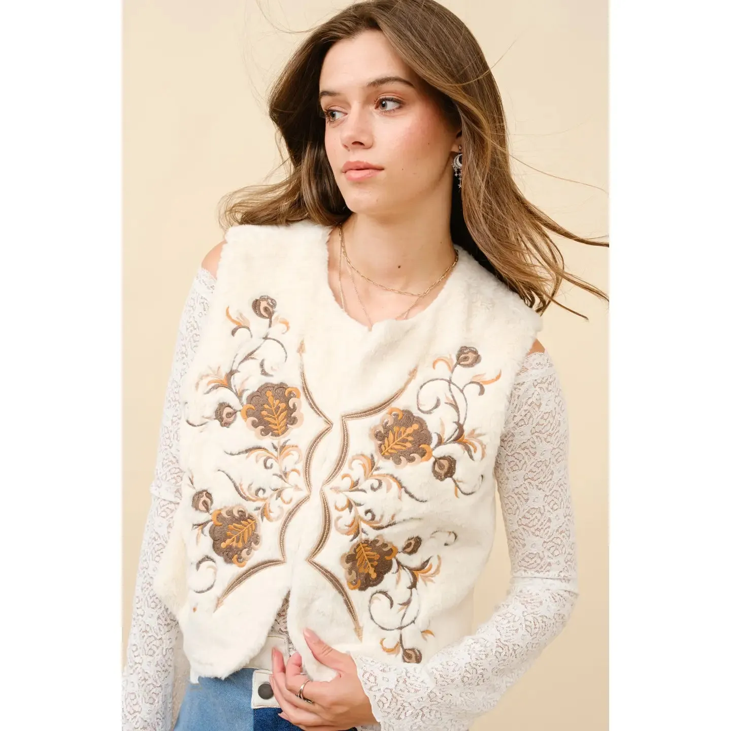 Women's Western Embroidered Fur Vest in Winter White